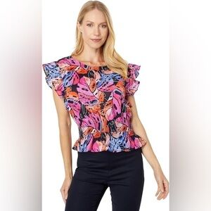 🆕 Tommy Hilfiger Flutter Sleeve Smock Waist Palm Leaf Top